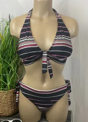 Black White Pink Striped Swim Bathing Suit Bikini White House Black Market M thumbnail 1