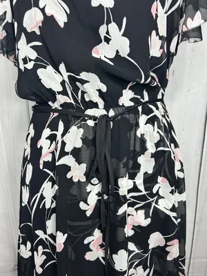 White House | Black Market Sz 8 Chiffon Black Garden Floral Elastic Waist Midi Dress Keyhole Neckline thumbnail 4