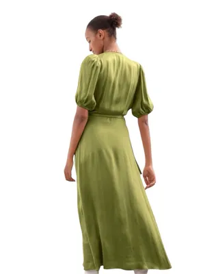 & Other Stories - Satin Wrap Midi Maxi Dress Olive Green Puff Sleeve Sz US 4 thumbnail 2