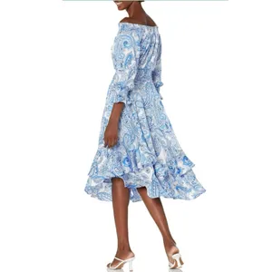 Tahari New Smocked Dress Asymmetrical Ruffle Hem Blue Paisley NWT Women Size 16 thumbnail 2