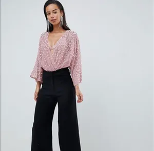NWOT Asos Maya Bodysuit Sequin Embellished Blush Wrap Blouse sz 8 thumbnail 3