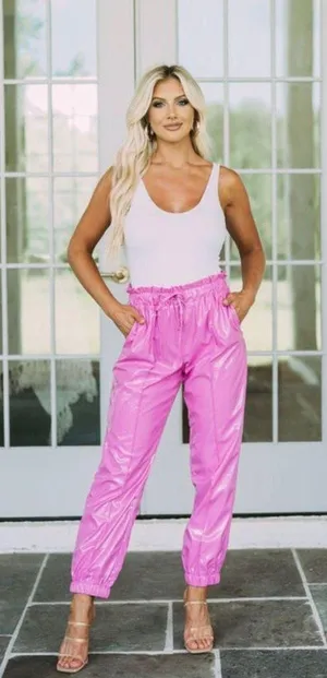 These Three Boutique Faux Leather Shiny Pink joggers thumbnail 1