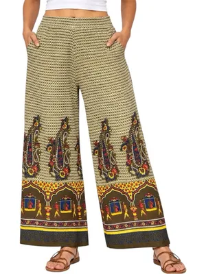 Earthbound Boho Paisley Palazzo Pants Wide Leg Flowy Festival Large Mughal Motif thumbnail 1