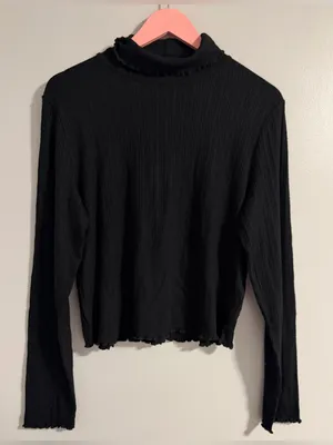 Madewell Black Ribbed Lettuce-Edge Mock Neck Long Sleeve Top thumbnail 1