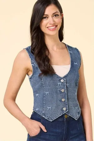 STOOSH VINTAGE DENIM VEST With Embroidered Bows Size Small NWT‎ thumbnail 1