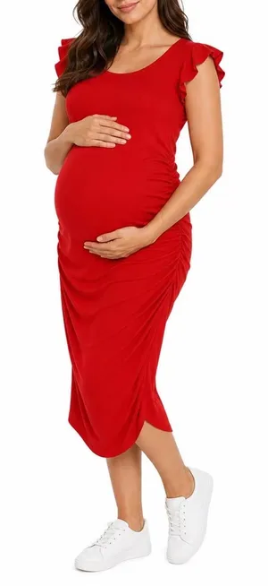 B-home Womens Maternity Bodycon Dress Red Ruffle Cap Sleeve Ruched Size M thumbnail 1