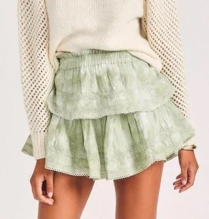 LoveShackFancy Tiered Ruffle Mini Skirt Moss Green Hand Tie Dye Size Medium thumbnail 1