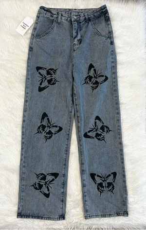 NEW Butterfly Print‎ High Rise Blue Gray Jeans Size Medium thumbnail 1
