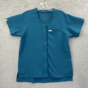 Figs Tela Scrub Top Button Down‎ Short Sleeve Pacific Blue Women's XS thumbnail 1