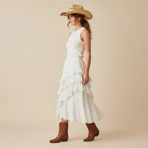 Mable Mischa Crochet Lace White Tired Ruffle Maxi Skirt Coastal Cowgirl Boho M thumbnail 2