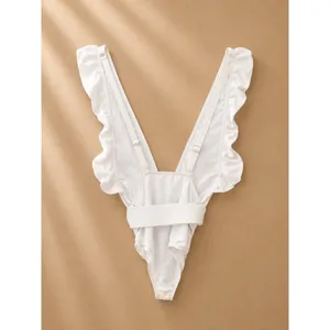 Unbranded Women Swimsuit Small White Ruffle Deep V-Neck Belted One Piece thumbnail 2