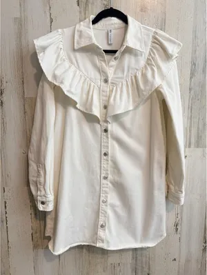 ZARA White Denim Ruffle Western Shirt Jacket Shacket Size M thumbnail 2