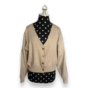 Forever 21 Beige Cropped Button Front Cardigan Womens Small V‎ Neck Sweater thumbnail 3