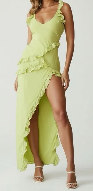 HOUSE OF CB Pixie Ruffle Maxi Dress, Lime, L (Plus Cup) thumbnail 1