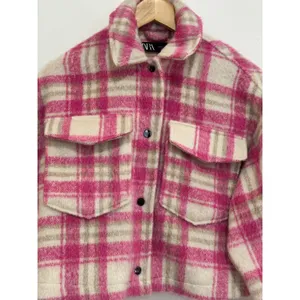 Zara Pink Plaid Cropped Shacket Jacket Size XS Fall Oversized thumbnail 2