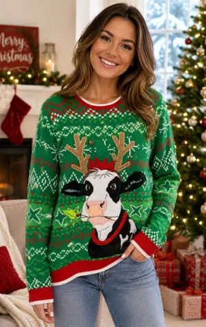 Holiday Time Womens Size Medium Ugly Christmas Sweater Cow Reindeer Green Winter thumbnail 1