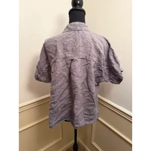 Eileen Fisher Washed Organic Linen Short Sleeve Button Up Top Grey Purple thumbnail 5