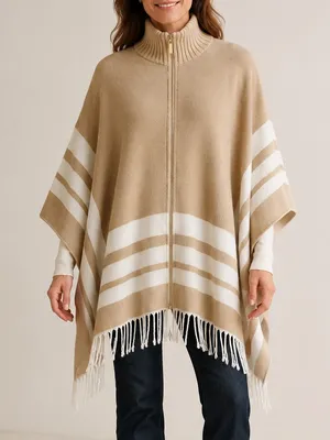 Marc New York Ivory Tan Oversized Gold Zip Up Fringe Hem Poncho thumbnail 1