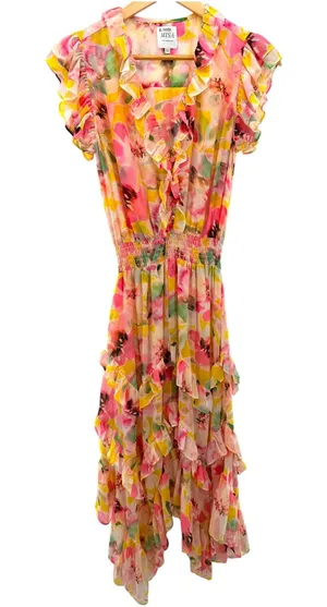 MISA Los Angeles Dakota Dress Hello‎ Yellow Flora Ruffle Chiffon Midi Dress XS thumbnail 1