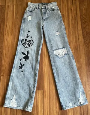 Playboy × PacSun Distressed Baggy Wide Leg Jeans Light Wash Size 23 thumbnail 1