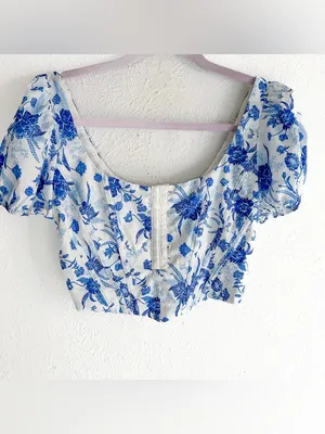 Tiger Mist Blue Floral Corset Top XS Puff Sleeve Milkmaid Bustier thumbnail 5