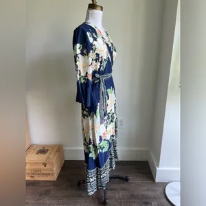 Farm Rio Anthropologie Midnight Flower Wrap Dress Blue Floral Cottage Small thumbnail 4