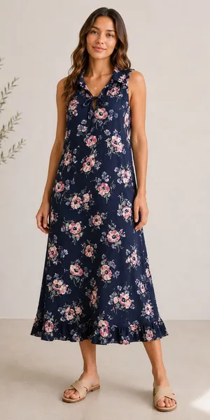 Lauren Ralph Lauren Cottagecore Navy Floral Poppy Ruffle‎ Midi Dress LN02178 thumbnail 1