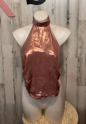 Zara Metallic Rose Gold Halter Top Womens XS Liquid Shimmer Open Back Blouse thumbnail 1