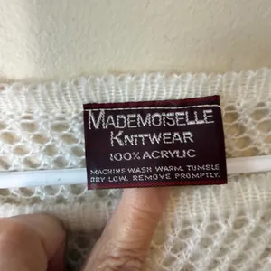 Mademoiselle Women Sweater Cream Open Knit Drawstring Hem Boat Neck Vintage L thumbnail 2