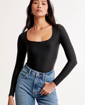 Abercrombie & Fitch Bodysuit Black Scoop Neck Long Sleeve Soft A&F Size Large thumbnail 1
