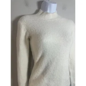 Zara Womens Cream Fuzzy Eyelash Knit Mock Neck Sweater Small Ribbed Ivory Soft thumbnail 2
