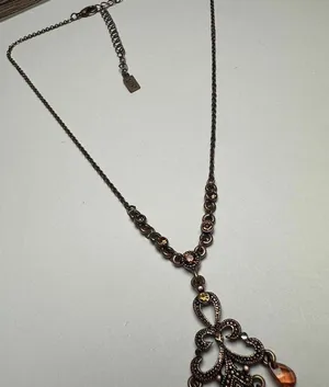 1928 Collection Rhinestone Pendant Copper Tone Necklace Orange / Amber Shades thumbnail 4