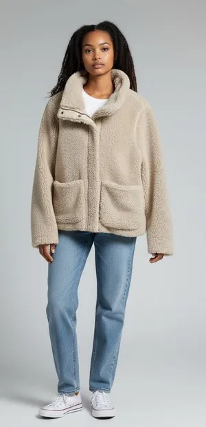 Old Navy Women's Tan‎ Teddy Fleece Jacket Size S Snap Button Collar Cozy cropped thumbnail 1