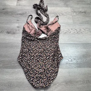 Aerie Womens Leopard Print Cutout Wrap One Piece Swimsuit Tan Black Medium‎ thumbnail 11