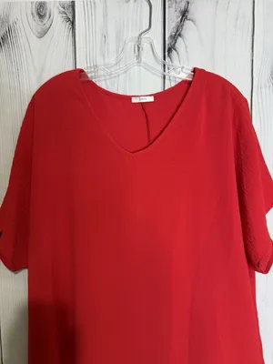 Jodifl Womens Sz M Red V-Neck Short Sleeve Blouse Top Oversized thumbnail 2