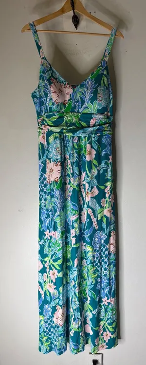Lilly Pulitzer Floral Maxi Dress Teal Pink Tropical Empire Waist Sleeveless 10 thumbnail 1