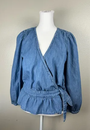 Madewell Blue Denim Wrap Peplum Blouse Size Medium Cottage Core thumbnail 1