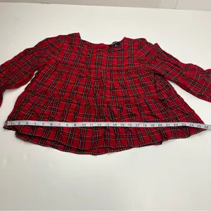 Madewell Red Black Small‎ Tartan Plaid Tiered Button Back Bell Fluted Sleeve Top thumbnail 7