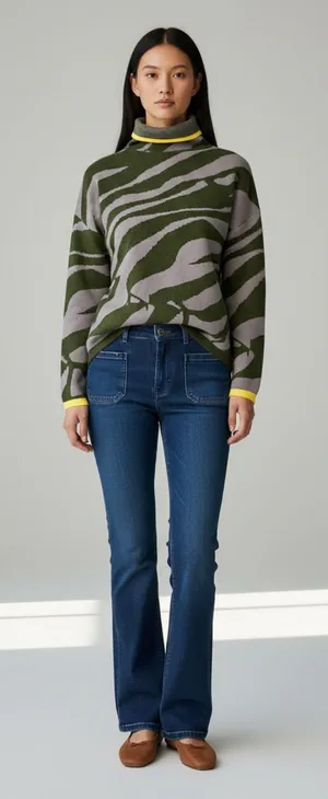 Turtleneck Zebra-Pattern Sweater in Olive Green and Lavender thumbnail 1