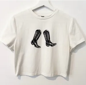 Shein Shirt Size XL White Cowboy Boot Crewneck Cropped Rodeo Blouse Rancher Boho thumbnail 1