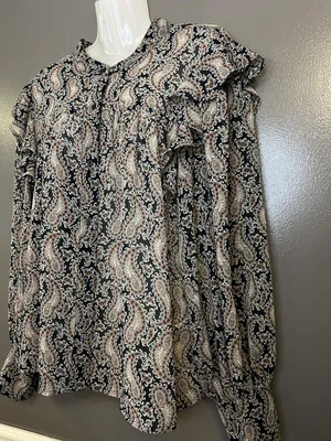 Banana Republic Blouse Womens XL Black Paisley Ruffle Henley Long Sleeve Top thumbnail 6