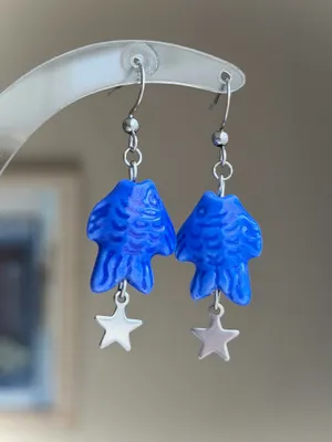 Handmade unique funky cute blue ceramic fish & star dangle earrings ⭐️🐟💕 thumbnail 2
