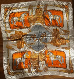 VINTAGE Equestrian ivory/ORANGE Horses&Tassels Print silky Scarf 35’/35’ thumbnail 16