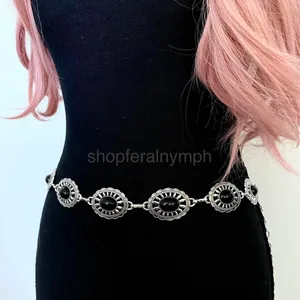 Silver Y2K Black Stone Concho Waist Chain Belt, Fits 24.5-38.5 Inches, X7GA1294 thumbnail 3