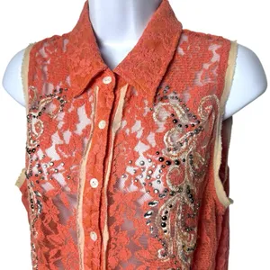 Y2K Miss Me Boho‎ Rhinestone Lace Button up Blouse Cottagecore Rodeo Country L thumbnail 3