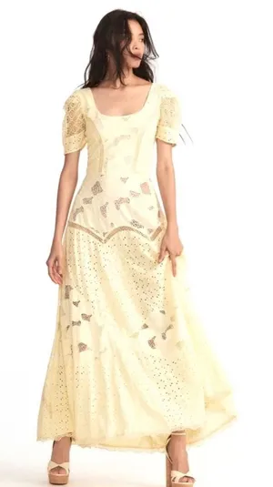 NWT‎ LoveShackFancy Nella EyeletPatchwork Maxi Dress Yellow Sz 2 $695 thumbnail 1