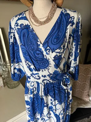 White closet elements white blue boho cottage paisley wrap Midi dress L thumbnail 2
