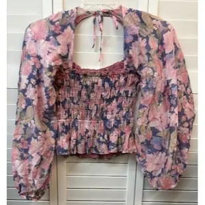 ASTR The Label Floral‎ Smocked Halter Top With Balloon Sleeves thumbnail 1