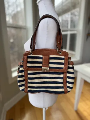 Vintage Chaps Navy Blue and Ivory Striped Shoulder Bag Purse thumbnail 10