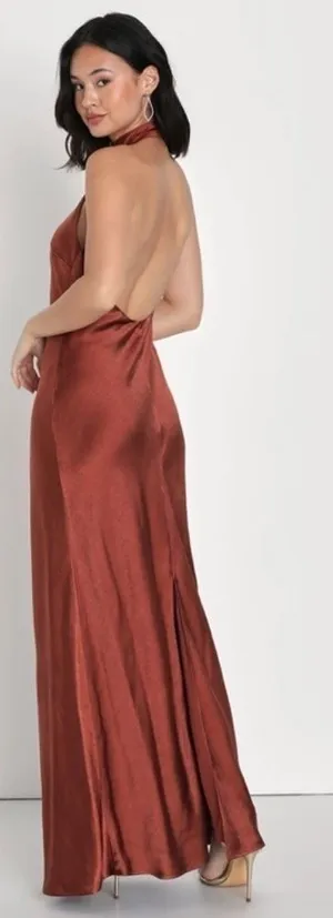 LULU's Sexy Prom Wedding Bridesmaid Satin Open Back Halter Maxi Dress NWOT thumbnail 1